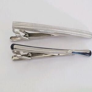 Mila Schon Renoma Tie Clip Bars Clasps Silver Tone Logo Designer Lot Of 2 Vintag